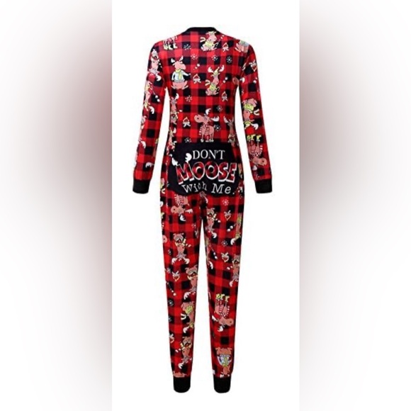 Moose Holiday Back PJ’s "Don't moose with me" Onsie Pajama Plaid Red - Picture 3 of 11